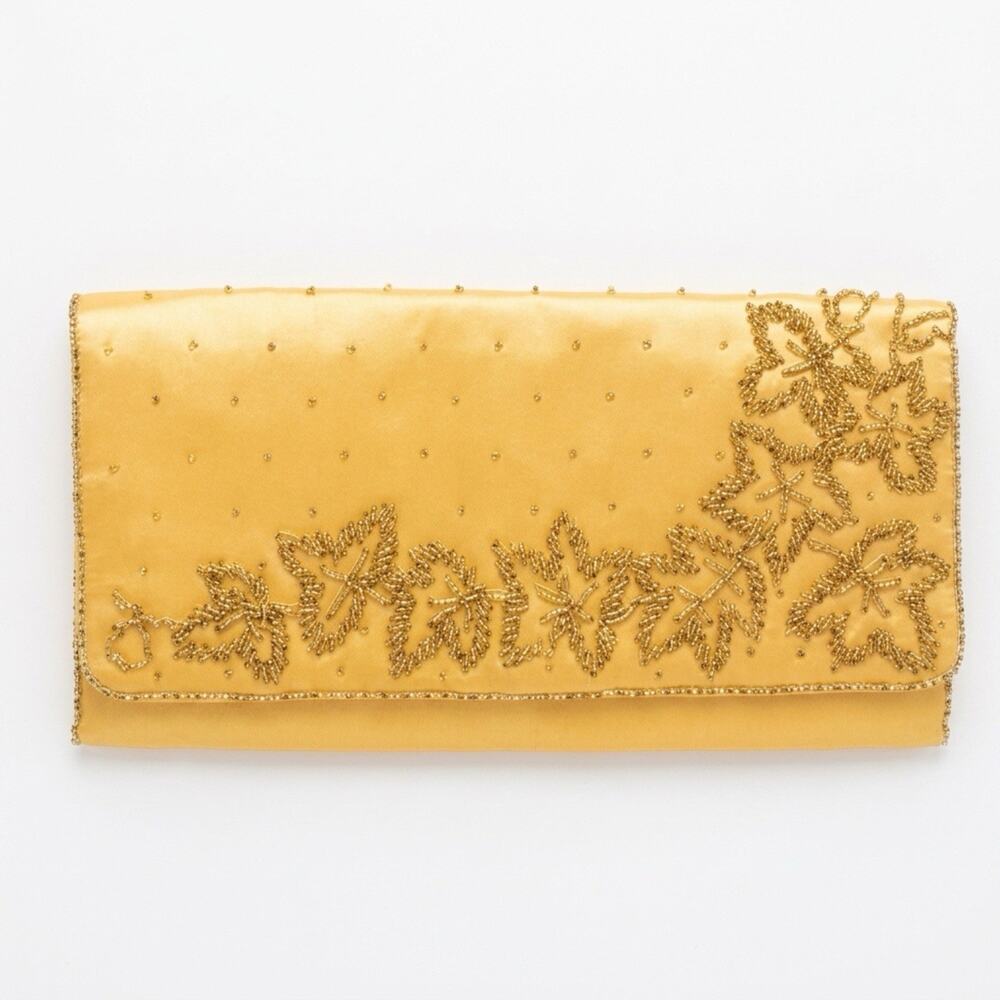 Vintage Japanese La Royal Product Long Wallet Silk Beaded Yellow Gold Asian Core